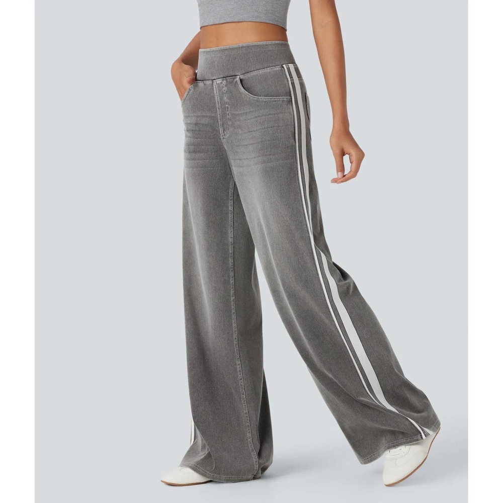 Halara Flex High Waisted Stripe Wide Leg Flowy Washed Casual Jeans Large Petite